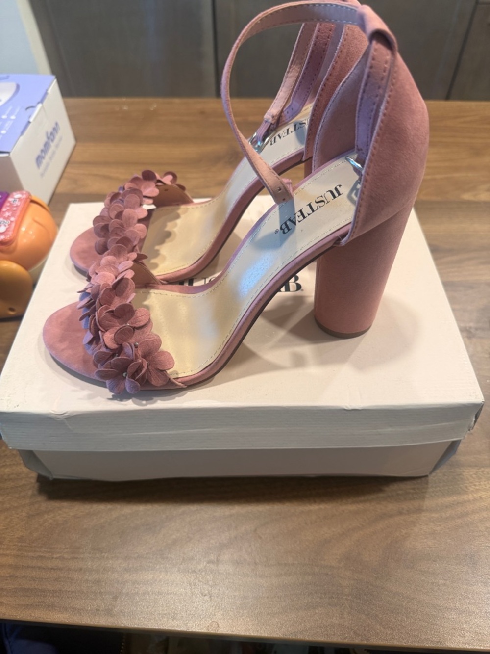 JustFab Heather Rose Floral Suede Block Heel Sandals - Picture 4 of 5